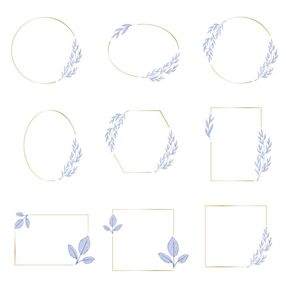watercolor purple blue leaves with golden wreath frame collection vector