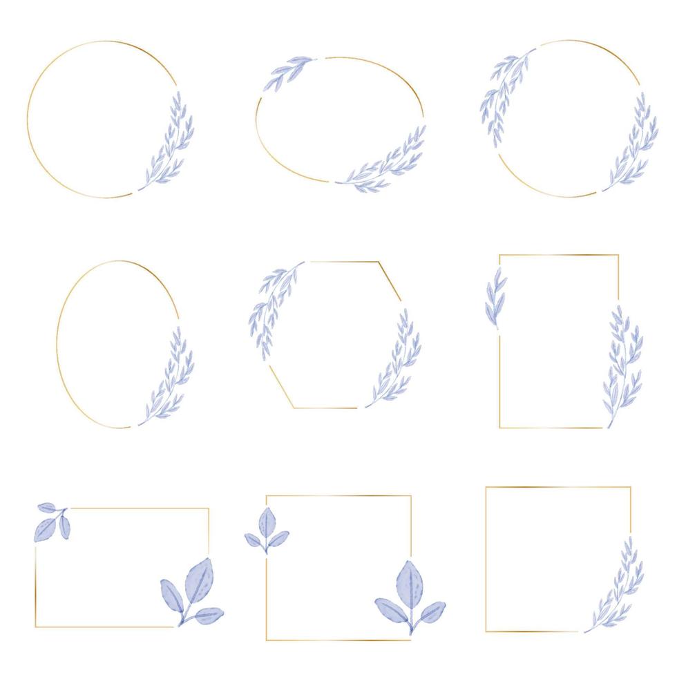 watercolor purple blue leaves with golden wreath frame collection vector