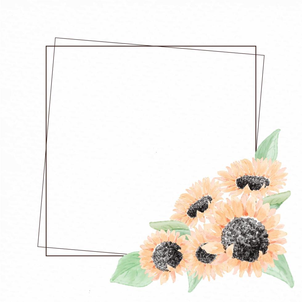 watercolor yellow  sunflower bouquet wreath frame on paper vector