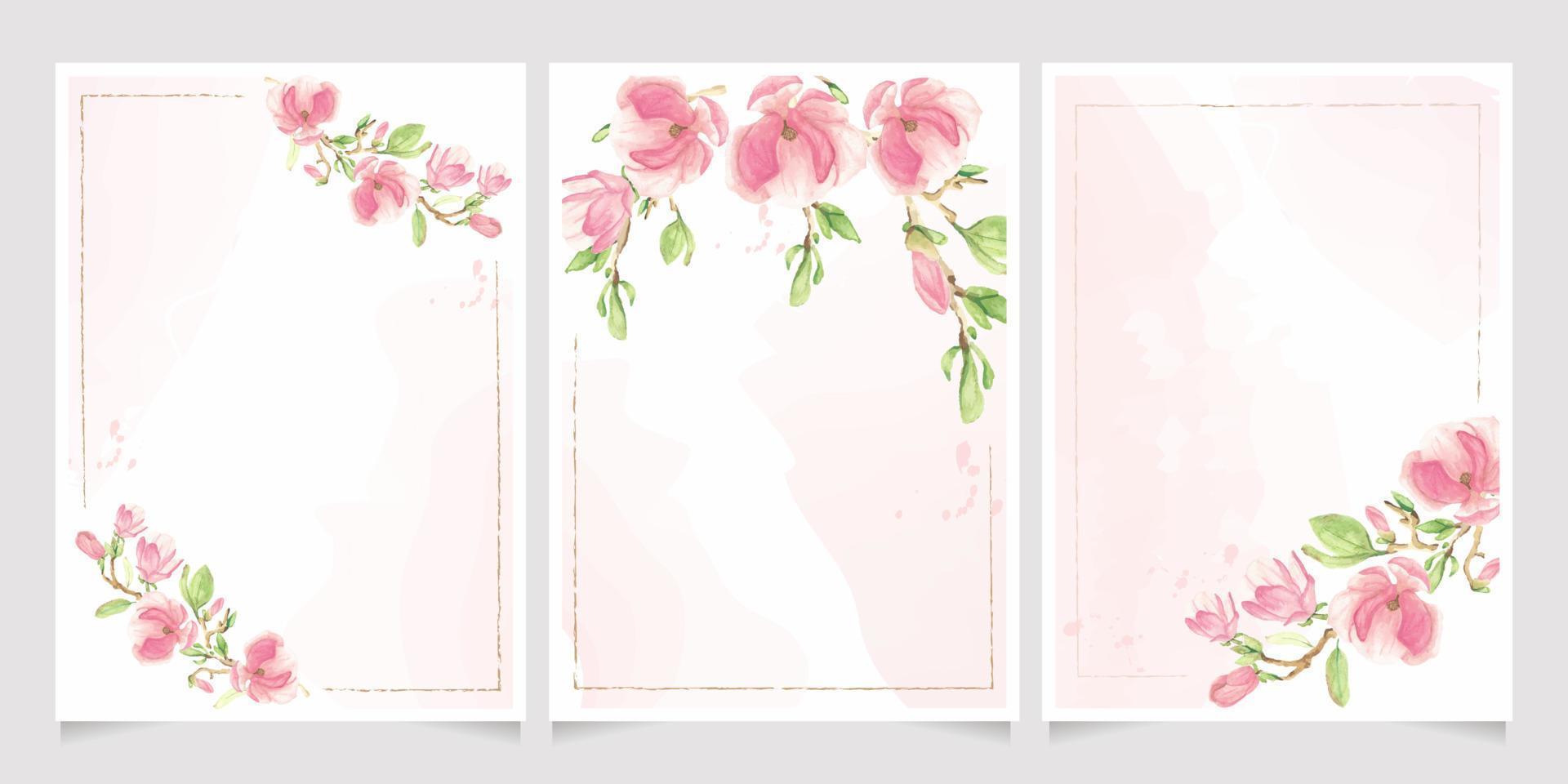 blooming magnolia flower branch on pink watercolor wet wash splash invitation card background template collection vector