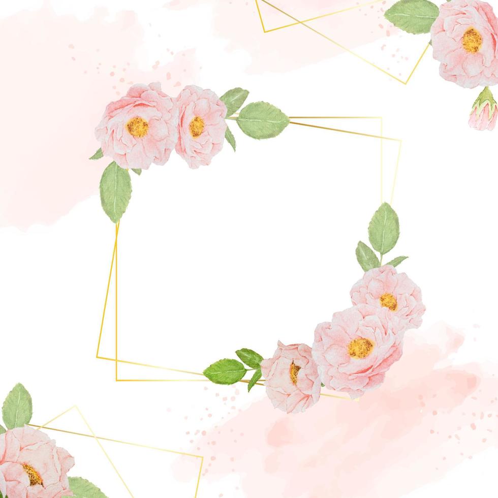 watercolor pink roses with golden frame square banner background vector
