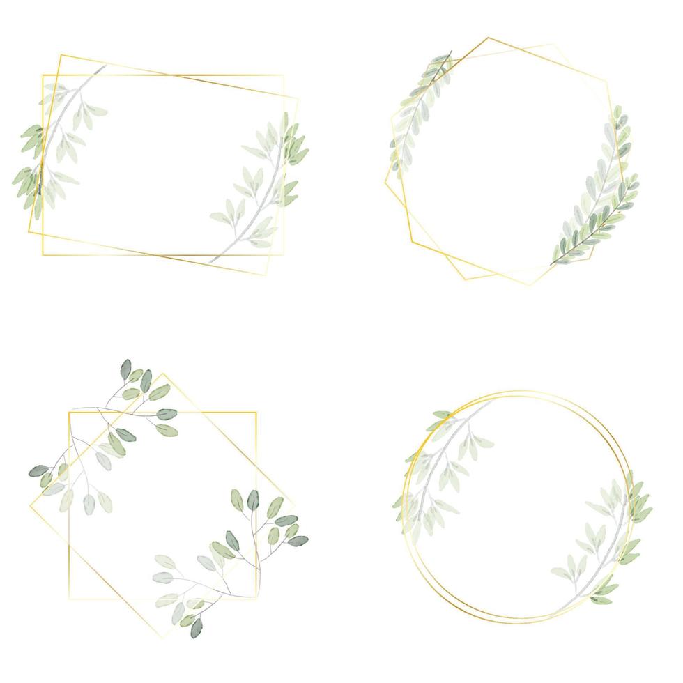 watercolor green leaves wreath with luxury golden frame collection vector