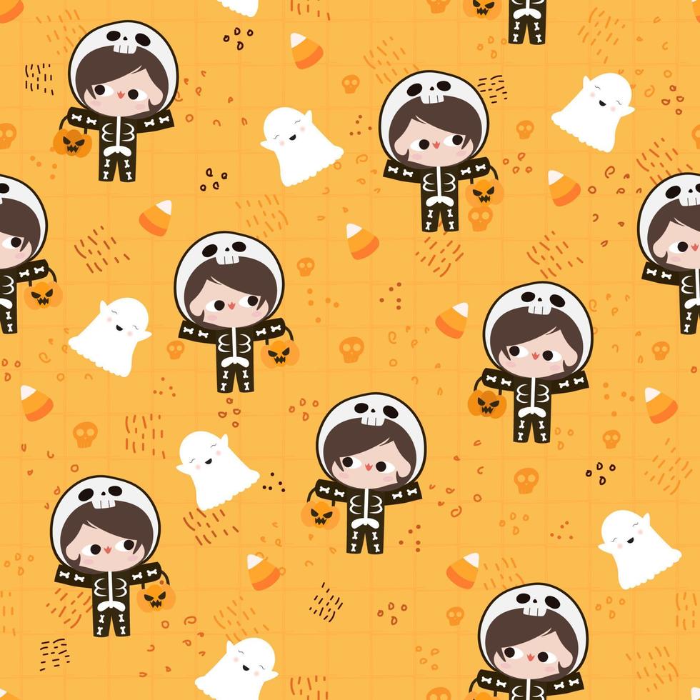 cute kid in skeleton halloween costume with ghost trick or treat flat style seamless pattern vector