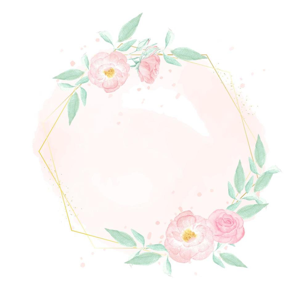 watercolor pink wild rose with golden frame wreath on pink splash background vector
