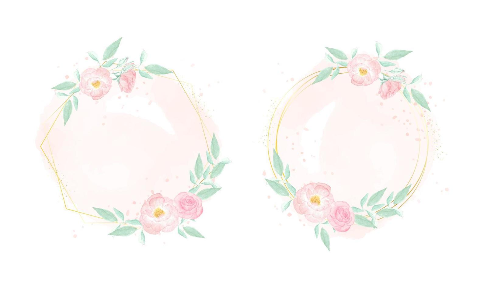 watercolor pink wild rose with golden frame wreath on pink splash background collection vector
