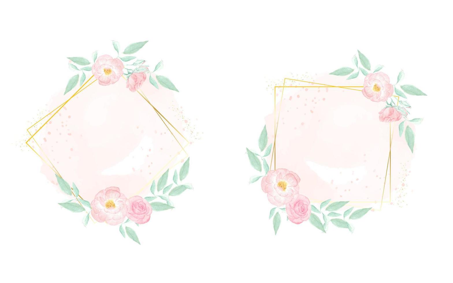 watercolor pink wild rose with golden frame wreath on pink splash background collection vector