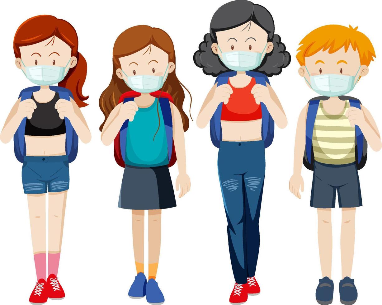 Set of different people wearing masks vector