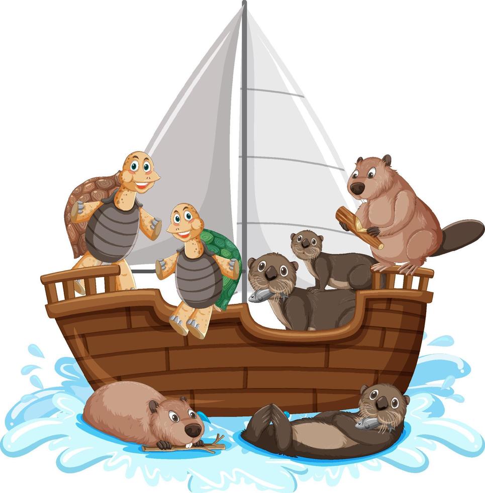 Wild animals on a ship in cartoon style vector