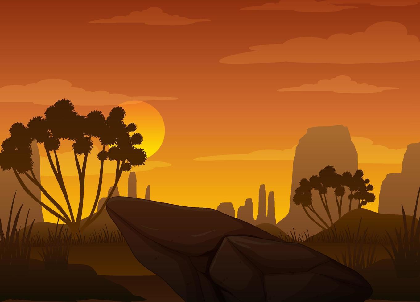 Silhouette savanna forest at sunset time vector