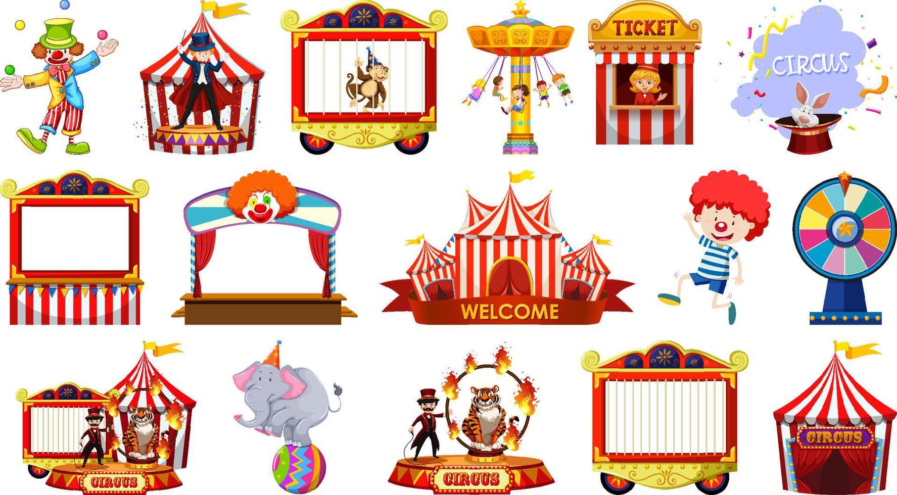 conjunto de personajes de circo y elementos del parque de atracciones. vector