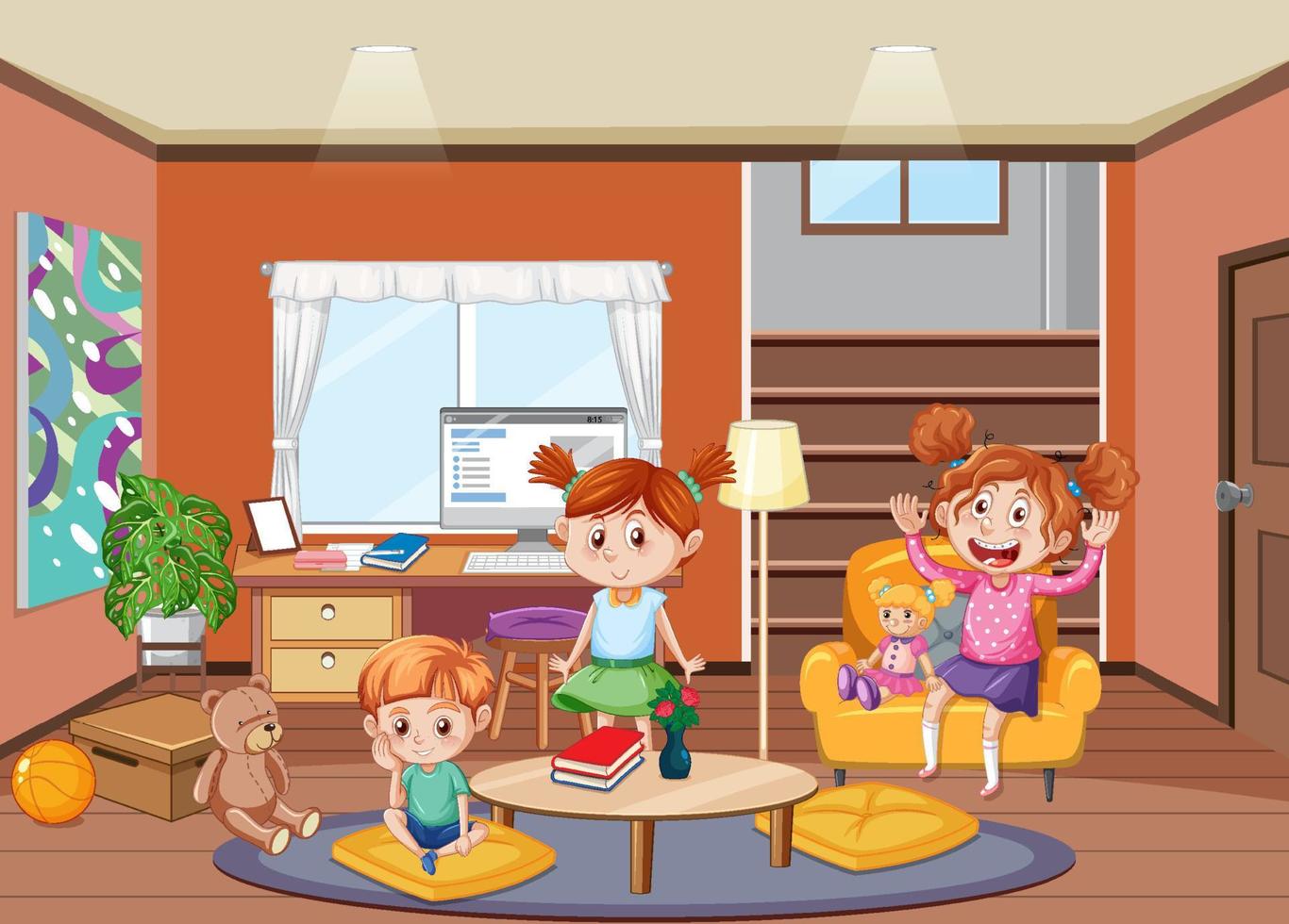 Happy children in the living room scene vector