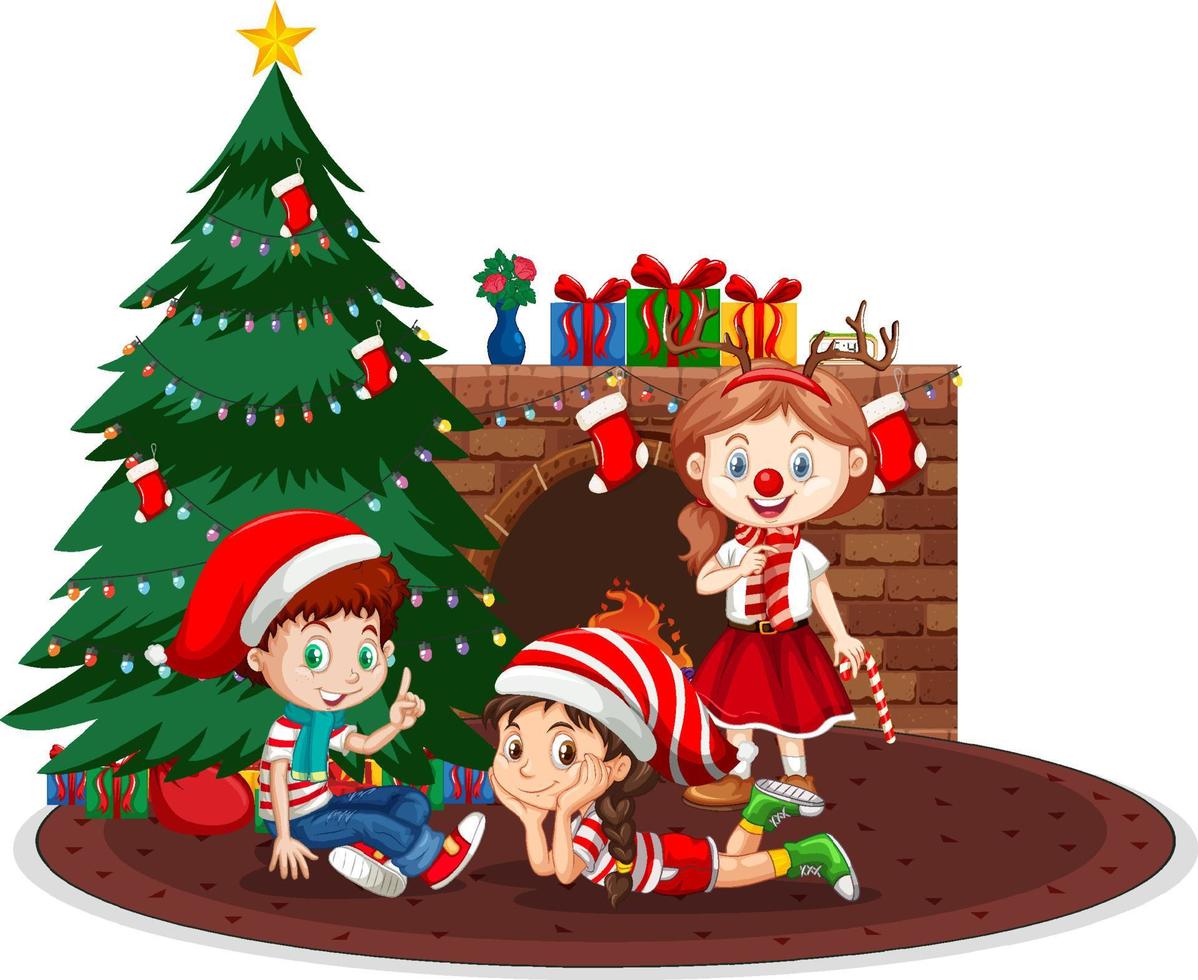 Happy children celebrating Christmas on white background vector