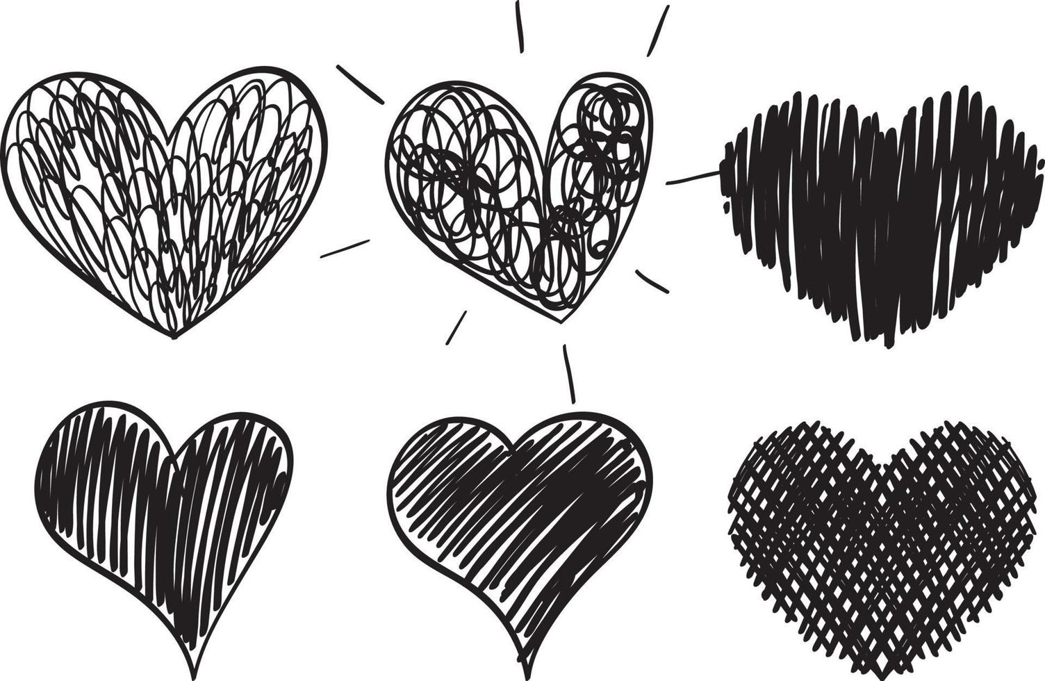 Set of different hearts in doodle style vector