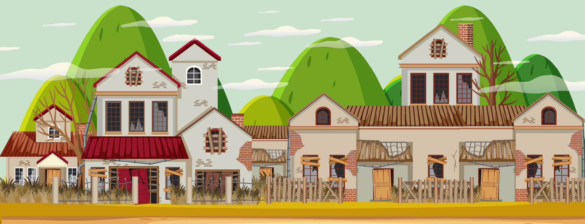 Empty rural town with broken houses vector