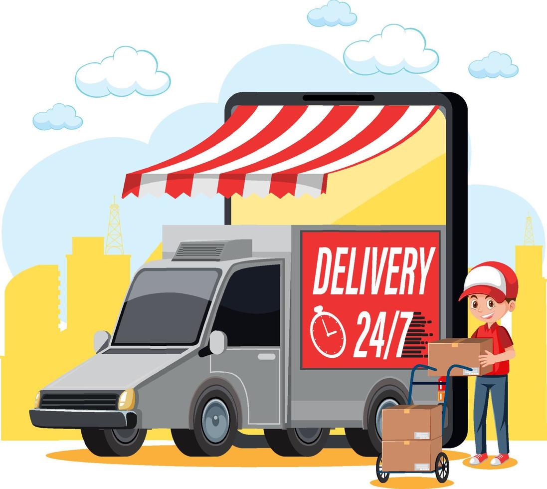 Courier delivery a package with panel van vector