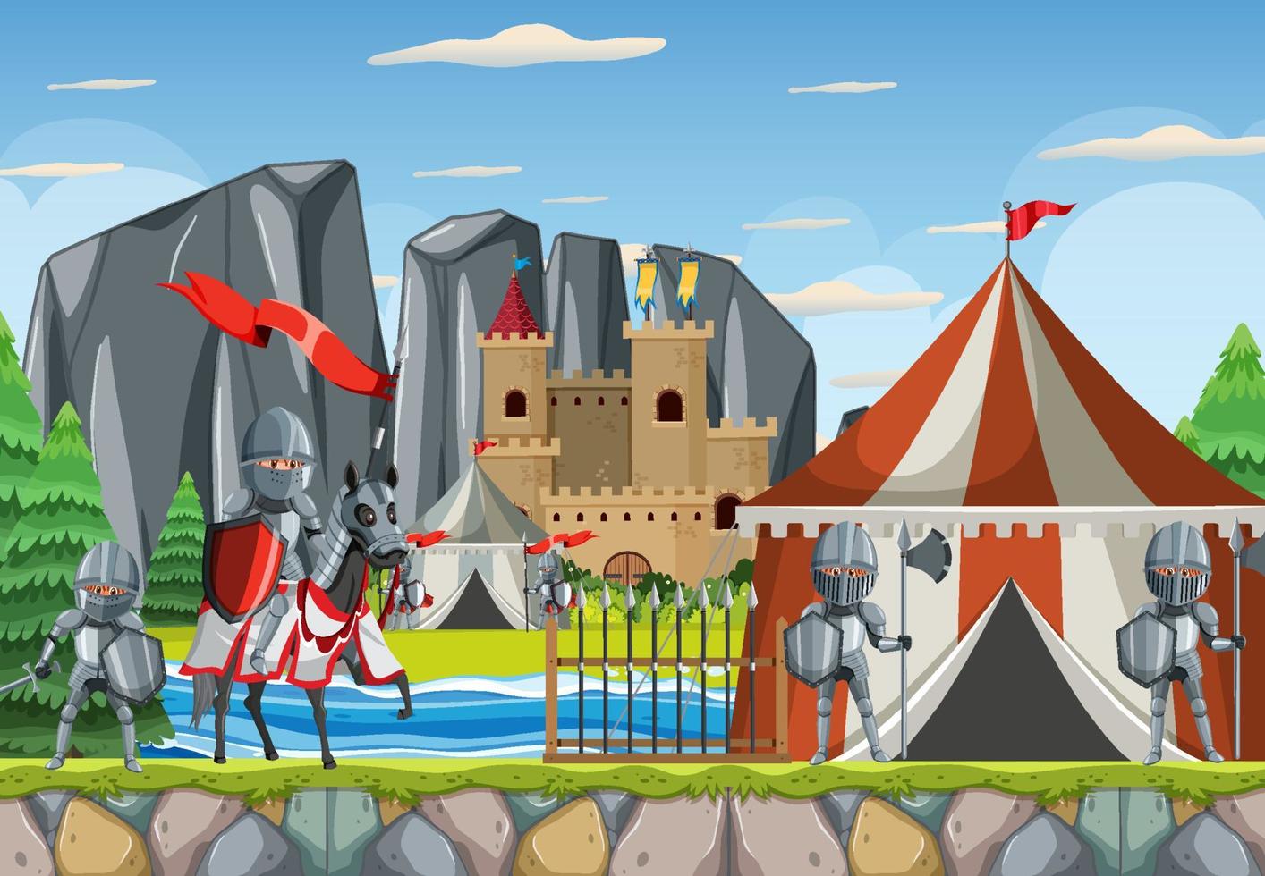 escena del campamento del ejército medieval con armadura caballero a caballo vector