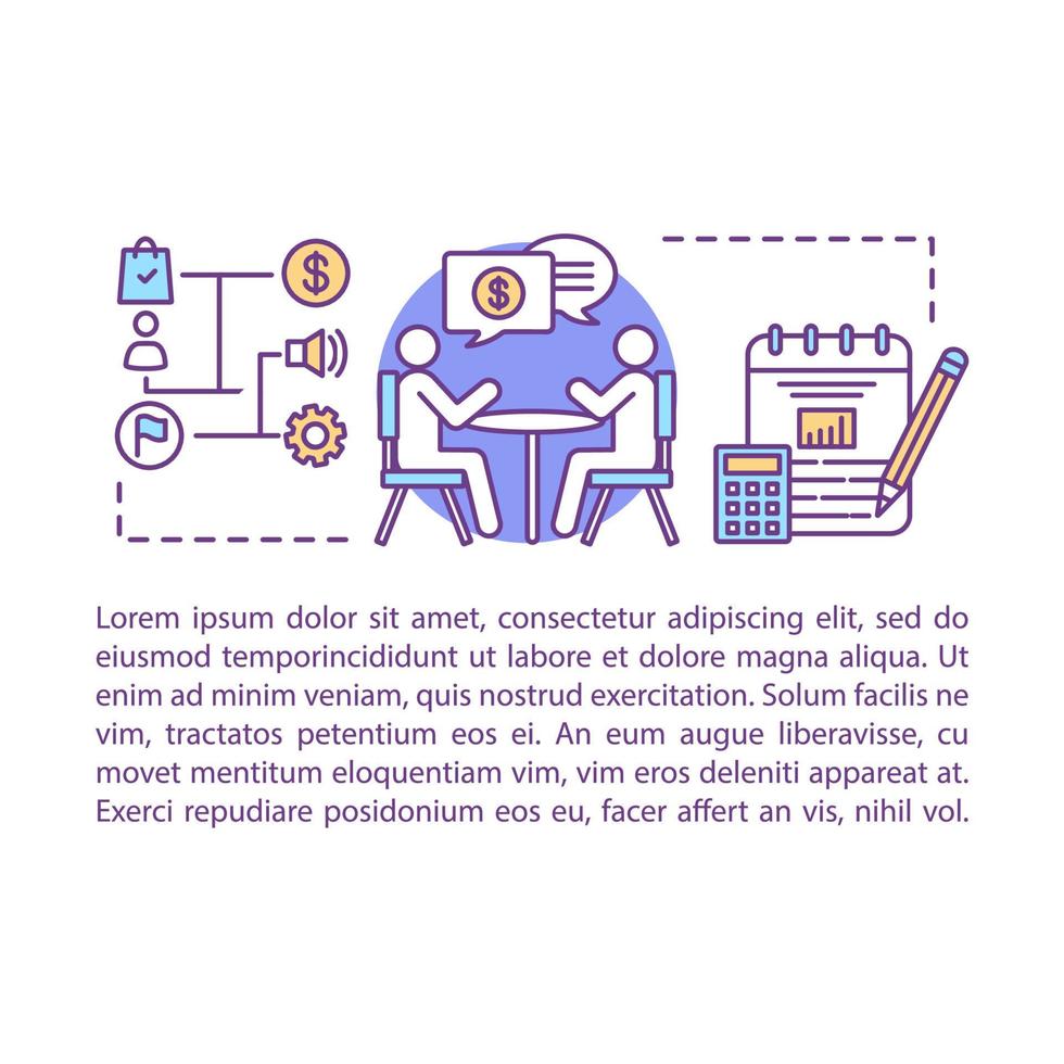 Financial planning concept linear illustration. Business meeting. Deal, partnership. Business strategy. Budgeting. Article, brochure, magazine page layout with text boxes. Print concept design vector
