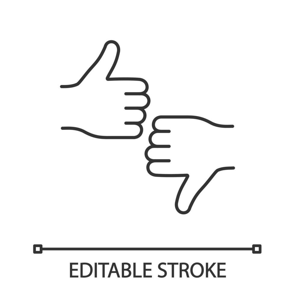 Likes and dislikes linear icon. Positive, negative feedback. Thin line illustration. Reviews. Thumbs up and down hand gesture. Contour symbol. Vector isolated outline drawing. Editable stroke