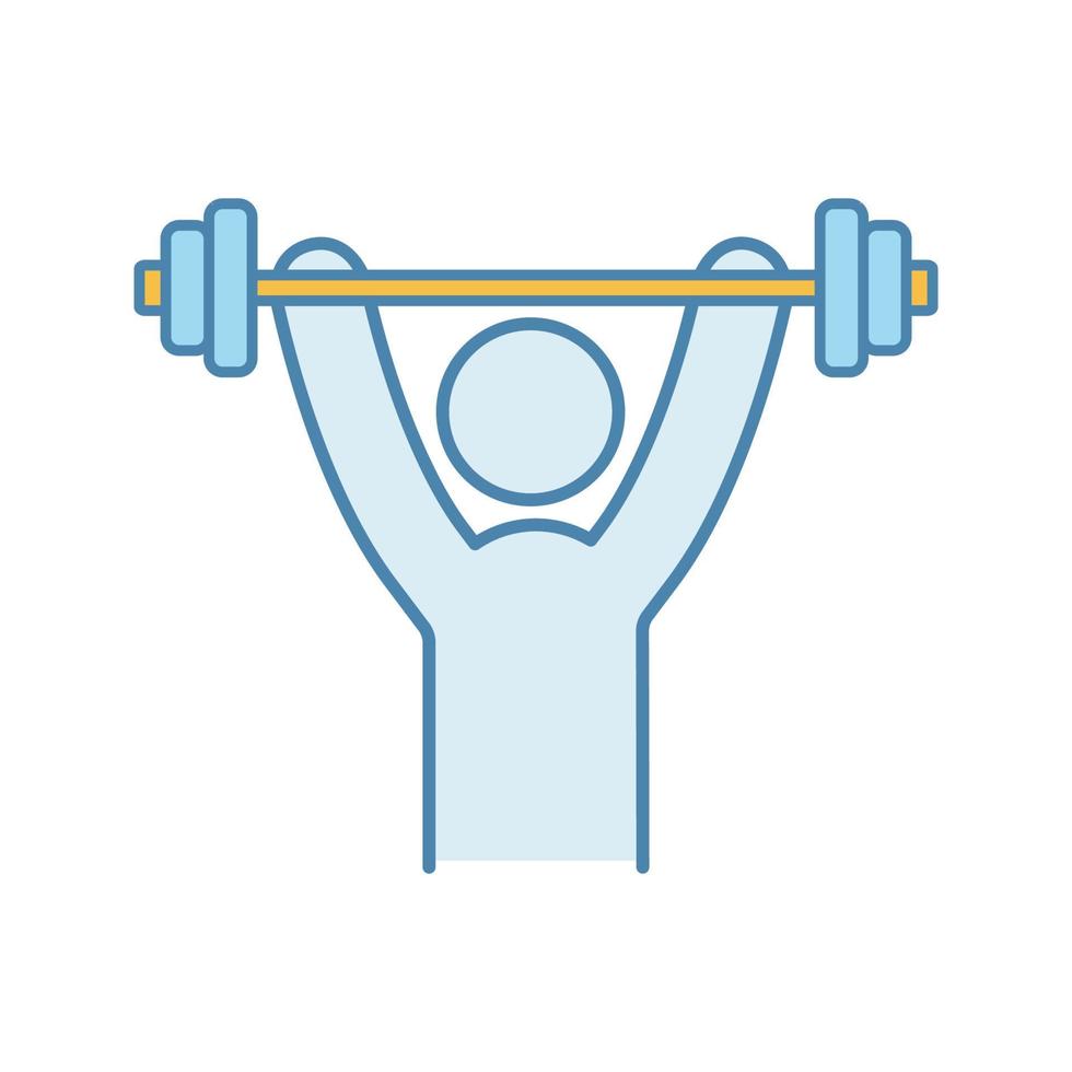 Man training with barbell color icon. Physical exercises. Healthy lifestyle. Workout, bodybuilding. Stress prevention and treatment. Isolated vector illustration