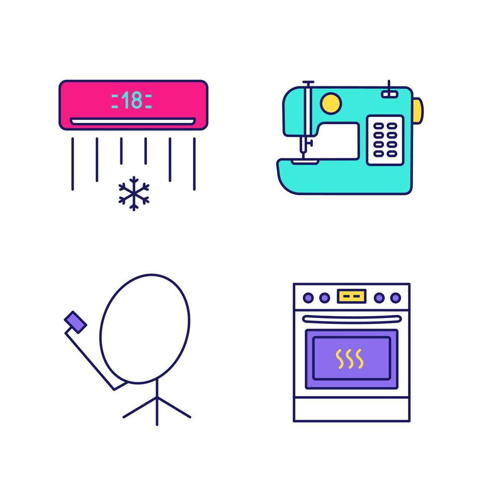 Household appliance color icons set. Air conditioner, sewing machine, satellite dish, kitchen stove. Isolated vector illustrations
