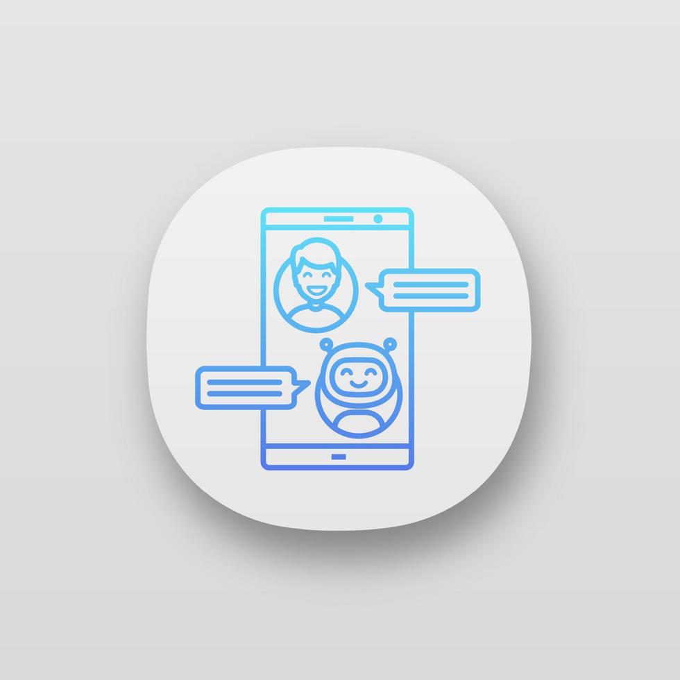 Support chatbot app icon. UI UX user interface. Messenger bot. Modern robot. Virtual assistant. Chat bot. Man chatting with bot on smartphone. Web or mobile application. Vector isolated illustration