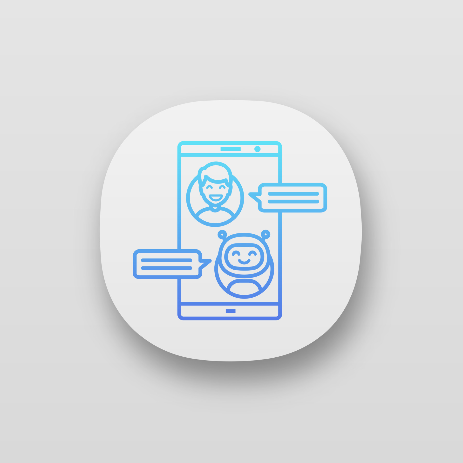 Support chatbot app icon. UI UX user interface. Messenger bot. Modern robot. Virtual assistant. Chat bot. Man chatting with bot on smartphone. Web or mobile application. Vector isolated illustration 5679963 Art