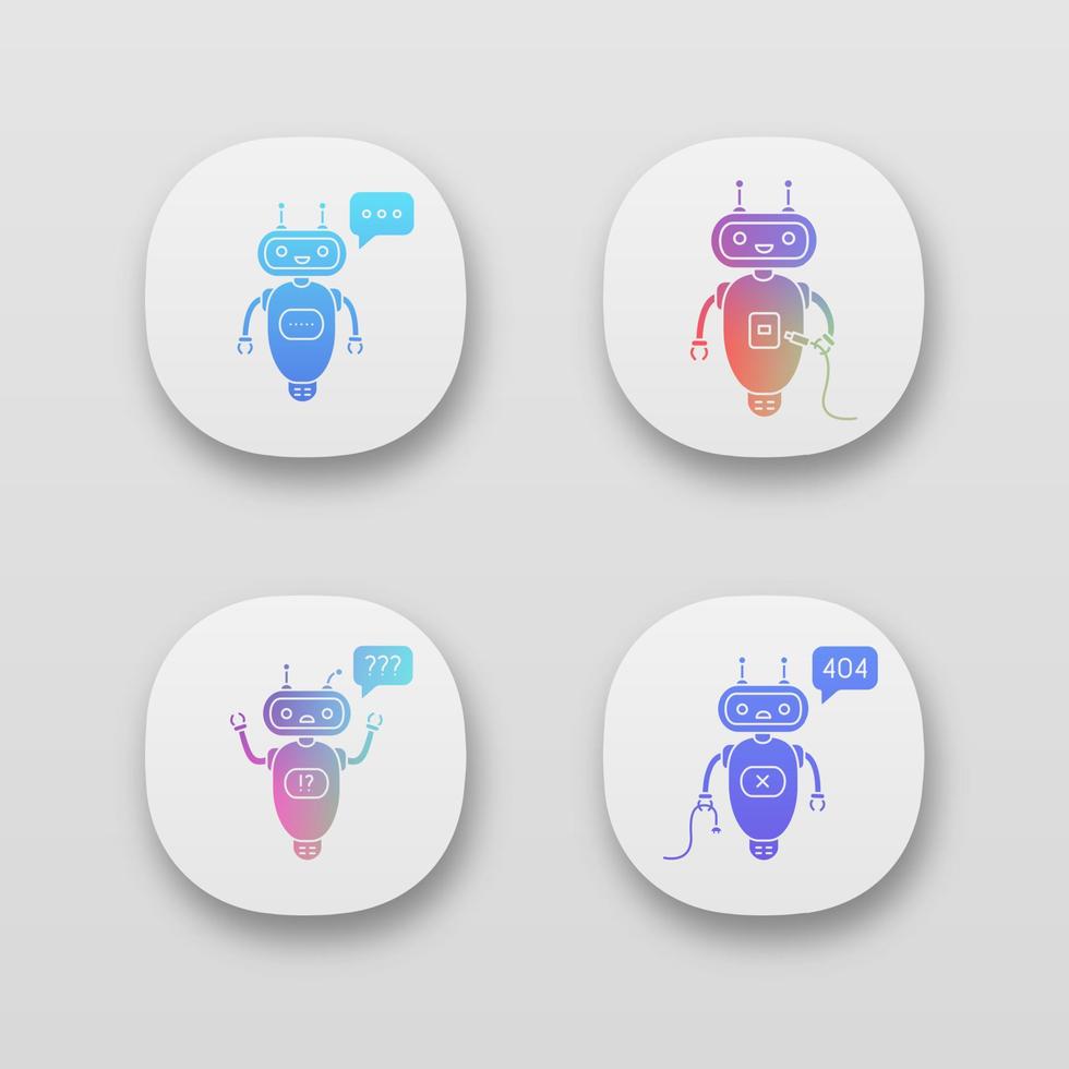Chatbots app icons set. UI UX user interface. Talkbots. Virtual assistants. Typing, USB, question, not found chat bots. Modern robots. Web or mobile applications. Vector isolated illustrations