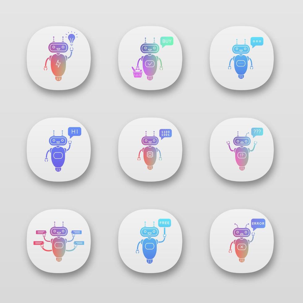 Chatbots app icons set. UI UX user interface. Talkbots. Idea, buy, text, hi, code, question, chat, free, error bots. Modern robots. Web or mobile applications. Vector isolated illustrations