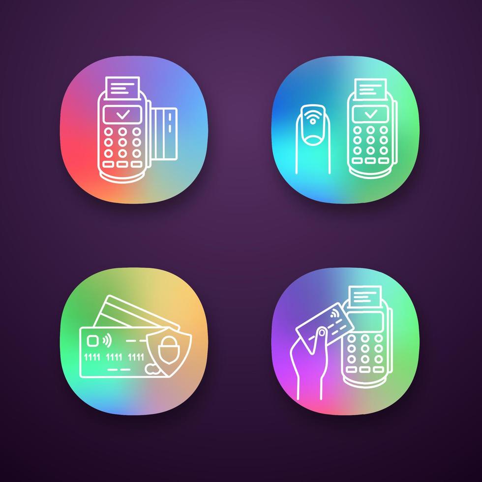 NFC payment app icons set. POS terminal, NFC manicure, credit cards. UI UX user interface. Web or mobile applications. Vector isolated illustrations