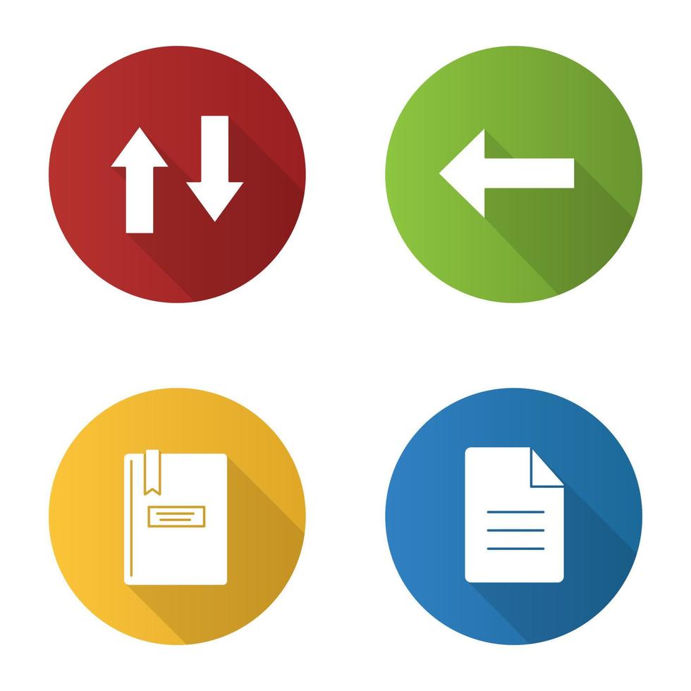 UI UX flat design long shadow glyph icons set. Vertical swap, back arrow, notepad, file. Vector silhouette illustration