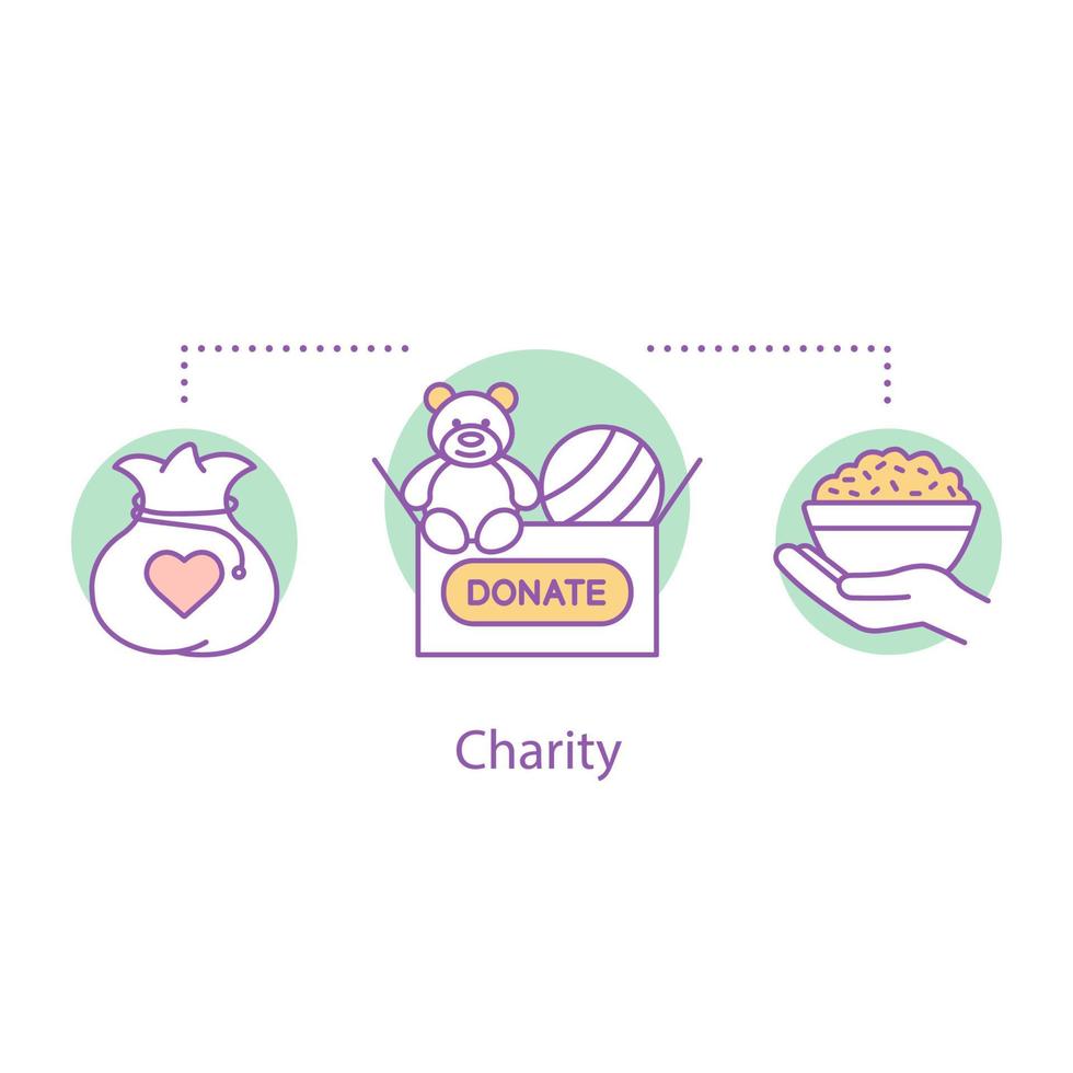 Charity concept icon. Volunteering idea thin line illustration. Toys, food donation. Charitable foundation. Vector isolated outline drawing