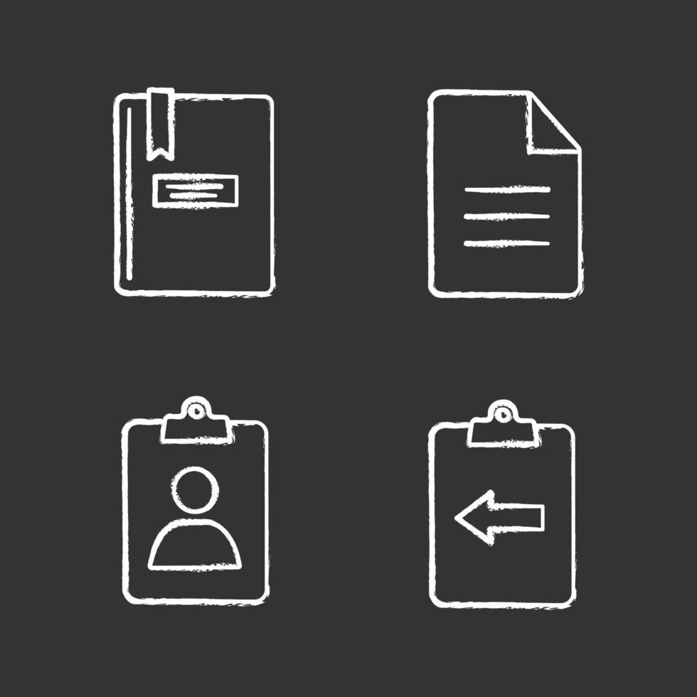 UI UX chalk icons set. Notepad, assignment Ind, file, clipboard with left arrow. Isolated vector chalkboard illustrations