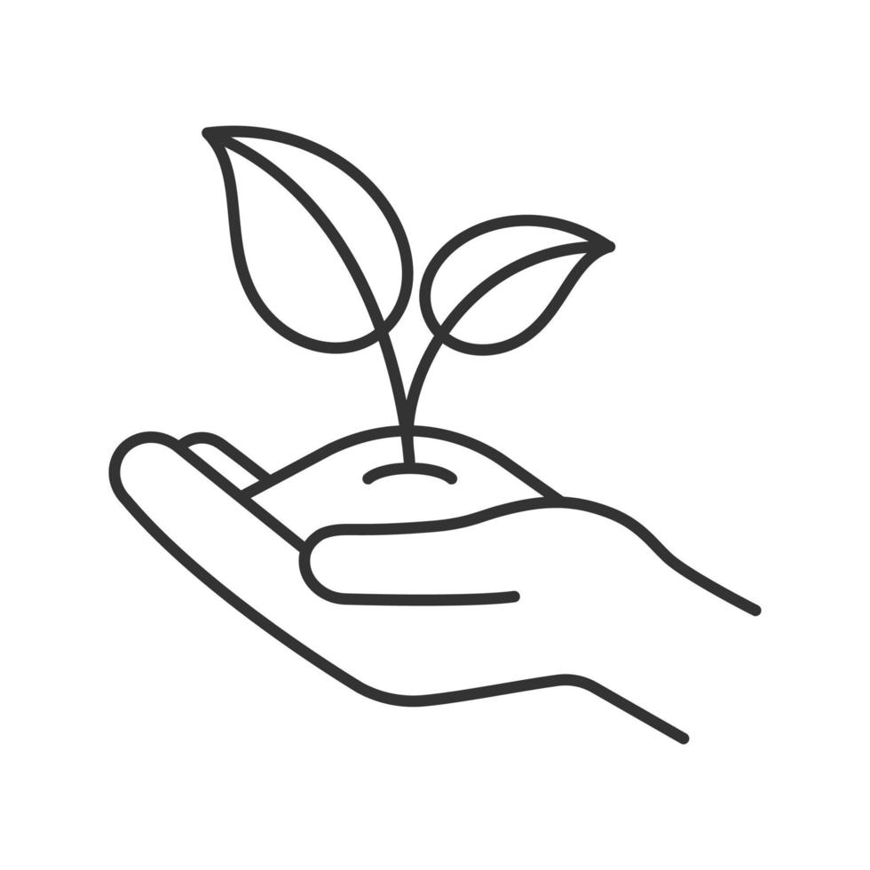 Greening linear icon. Environment protection. Open hand with sprout. Agriculture. Thin line illustration. Contour symbol. Vector isolated outline drawing