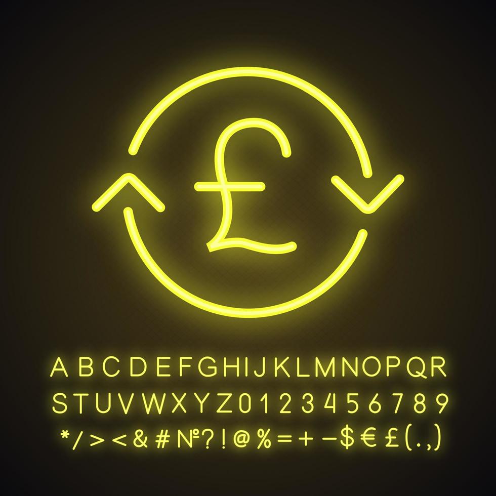 British pound exchange neon light icon. Refund. Glowing sign with alphabet, numbers and symbols. Vector isolated illustration