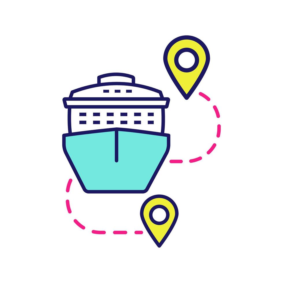 Cruise routes color icon. Travel destinations. Cruise liner with map pinpoints. Journey, trip route planner. Travel itinerary. Isolated vector illustration