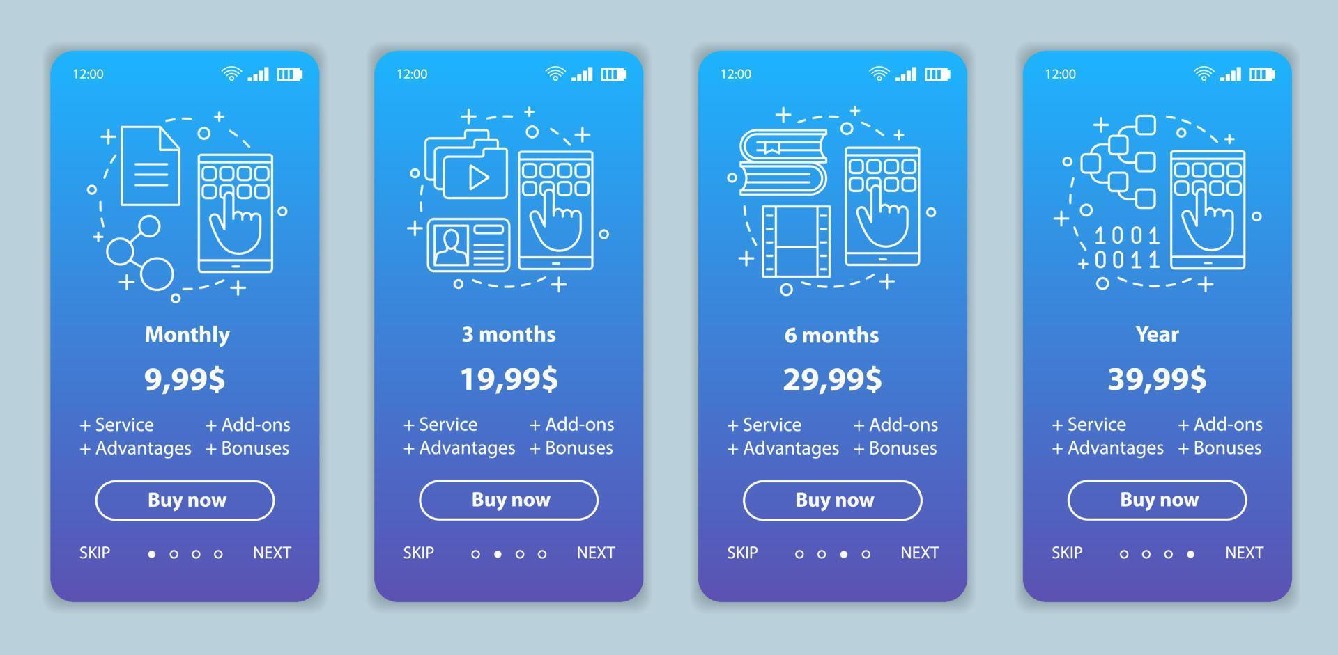 Subscription prices onboarding mobile app screens templates. Walkthrough website vector pages. Digital services costs. Tariff plans steps. Smartphone payment web page layout