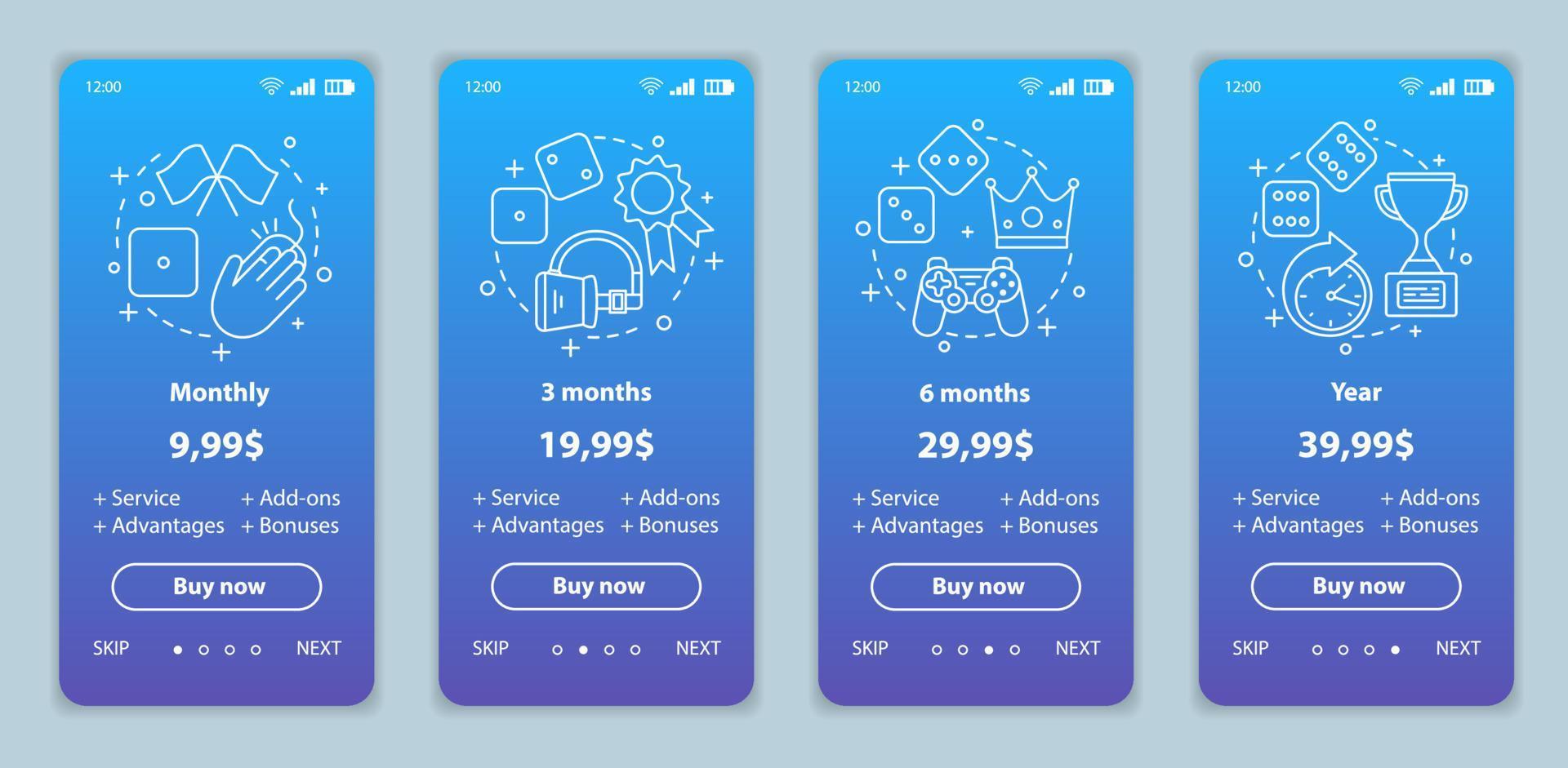 Gaming subscription onboarding mobile app screens with service prices. Walkthrough website pages templates. Pay to play. Virtual reality, gambling games. Tariff plans steps. vector