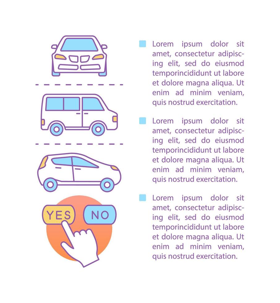 Car rental article page vector template. Rent automobile. Brochure, magazine, booklet design element with text boxes. Auto leasing. Car hiring. Print design. Concept illustrations with text space