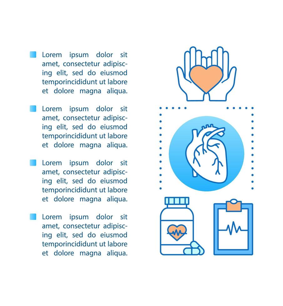 plantilla vectorial de página de artículo de cardiología. medicina y salud. tratamiento de enfermedades cardiovasculares. folleto, revista, elemento de diseño de folleto con cuadros de texto. ilustraciones conceptuales con espacio de texto vector