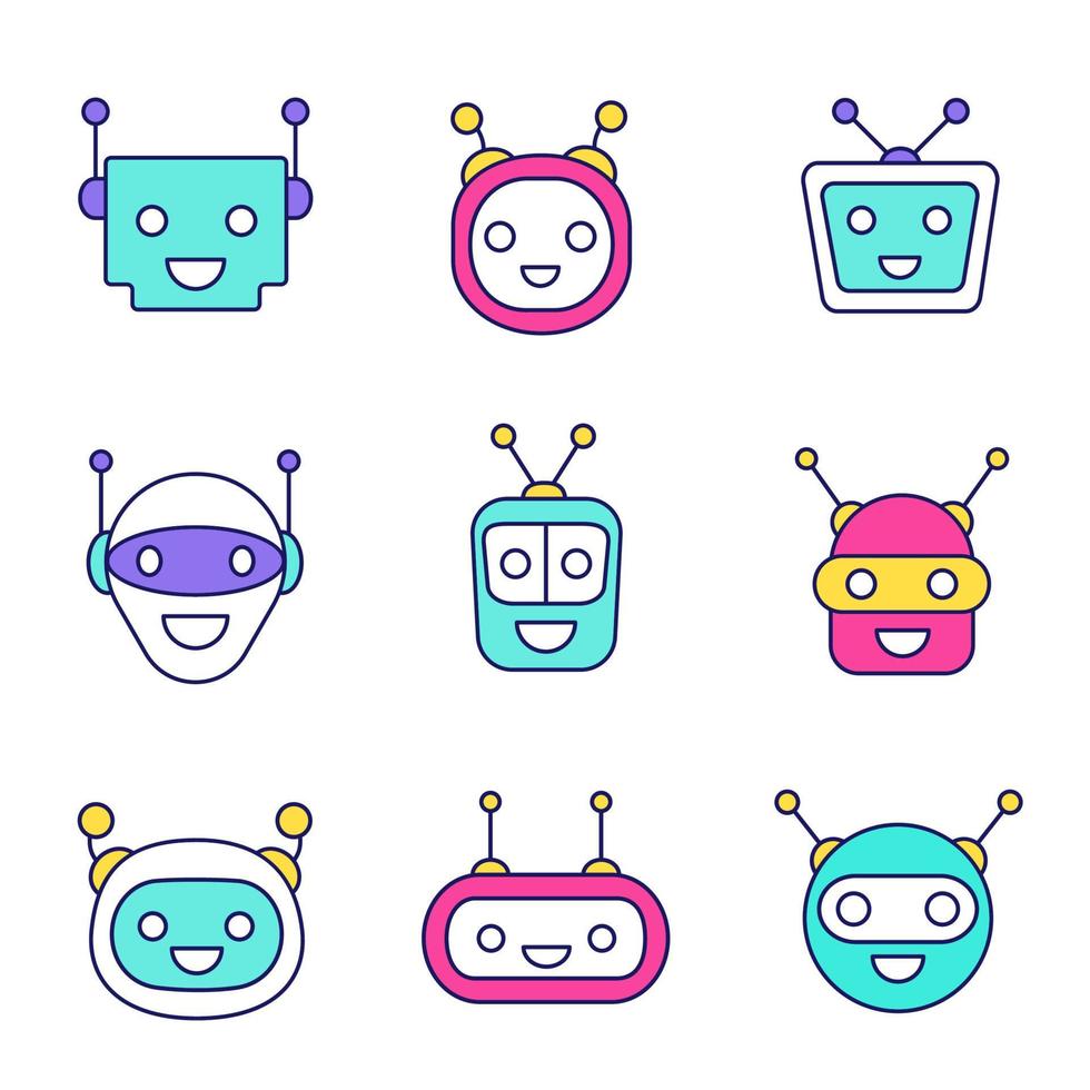 Chatbots color icons set. Modern robots emojis. Laughing, happy chat bot smileys. Virtual assistants. Isolated vector illustrations