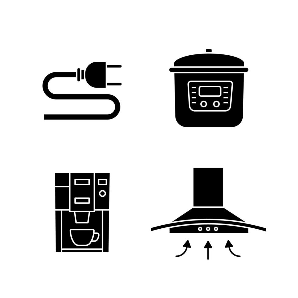 Household appliance glyph icons set. Electric plug, multicooker, coffee machine, range hood. Silhouette symbols. Vector isolated illustration