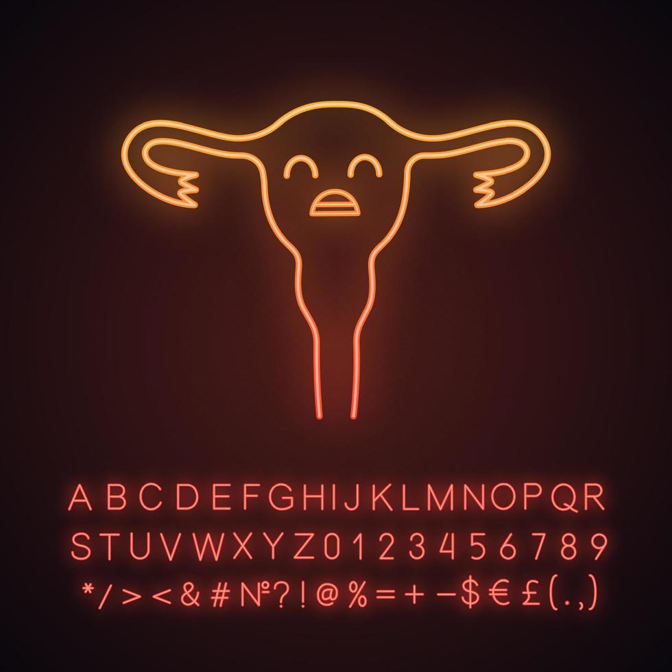 Sad uterus neon light icon. Womens diseases. Infertility. Unhealthy female reproductive system. Glowing sign with alphabet, numbers and symbols. Vector isolated illustration