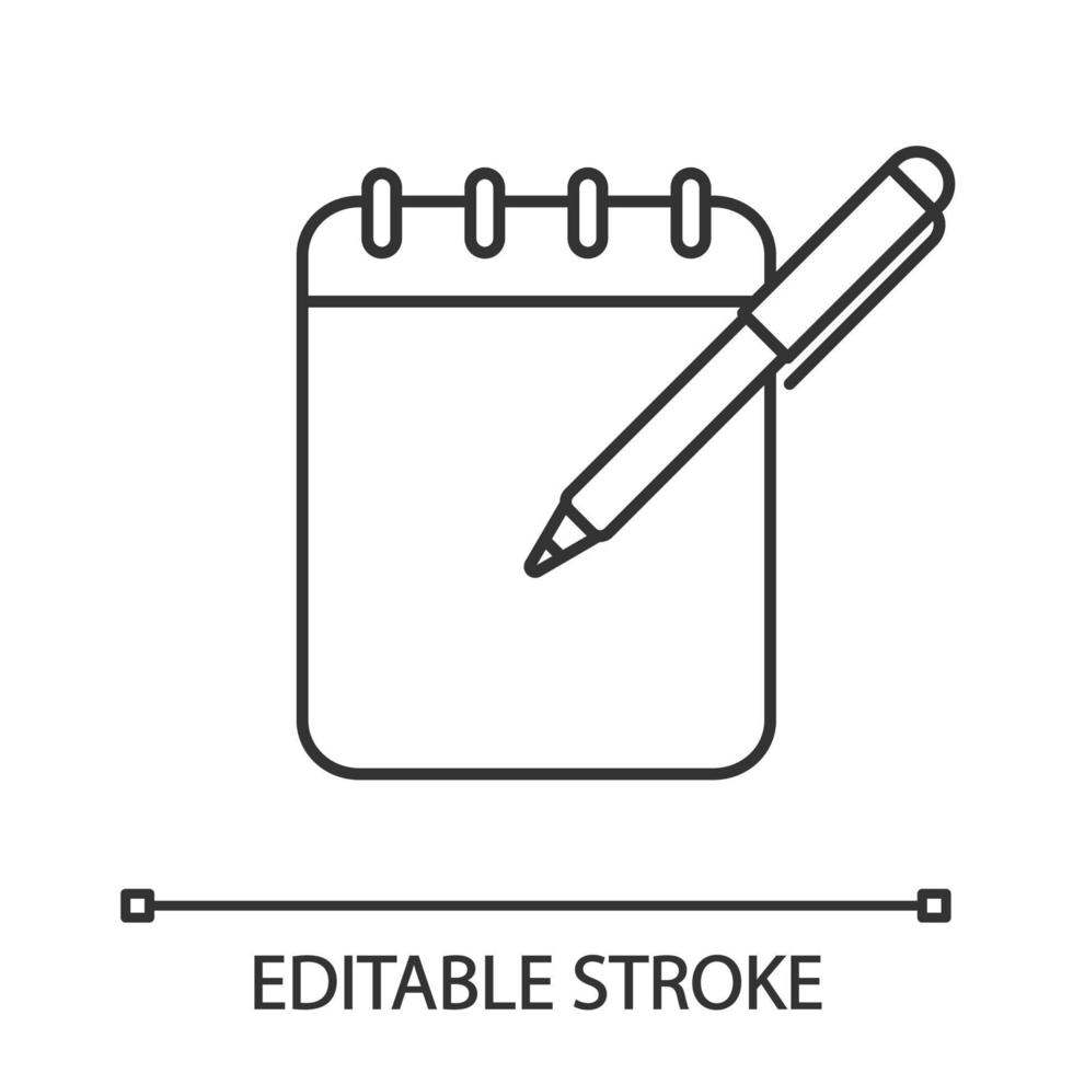Notepad with pen linear icon. Taking notes. Thin line illustration. To do list. Planner. Action planning. Business plans, goals, tasks writing down. Contour symbol. Vector isolated outline drawing