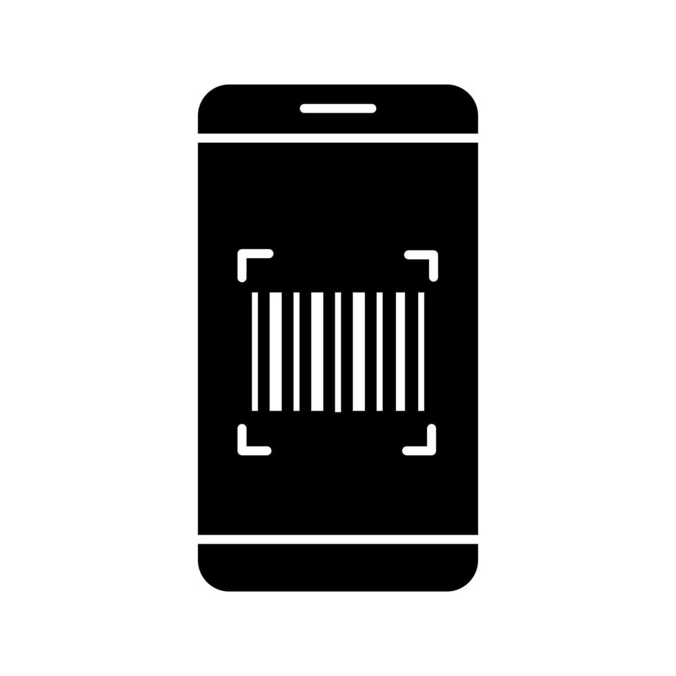 Barcode scanning app glyph icon. Smartphone reading linear barcode. One dimensional code scanner. Silhouette symbol. Negative space. Vector isolated illustration