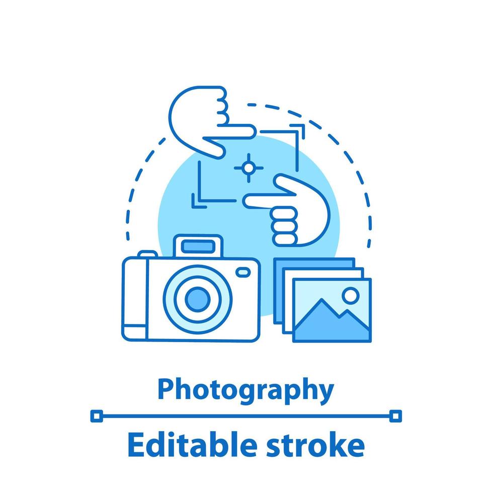 Photography concept icon. Photo camera idea thin line illustration. Taking pictures. Vector isolated outline drawing. Editable stroke