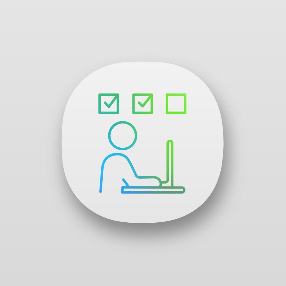 Interactive training app icon. Task solving. Online test. Freelance job. Person working with laptop. UI UX user interface. Web or mobile application. Vector isolated illustration