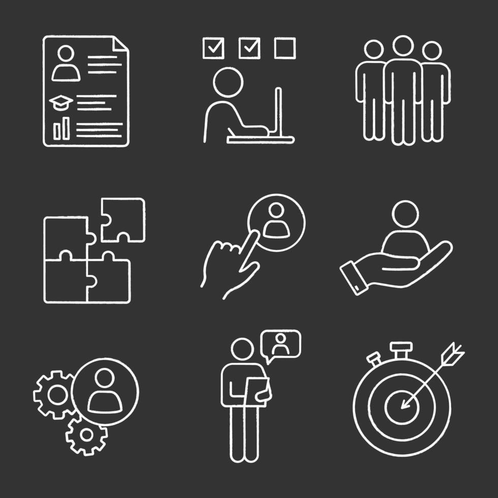 Business management chalk icons set. Resume, task solving, team, solution, staff hiring button, smart goal, online interview, teamwork, person in hand. Isolated vector chalkboard illustrations