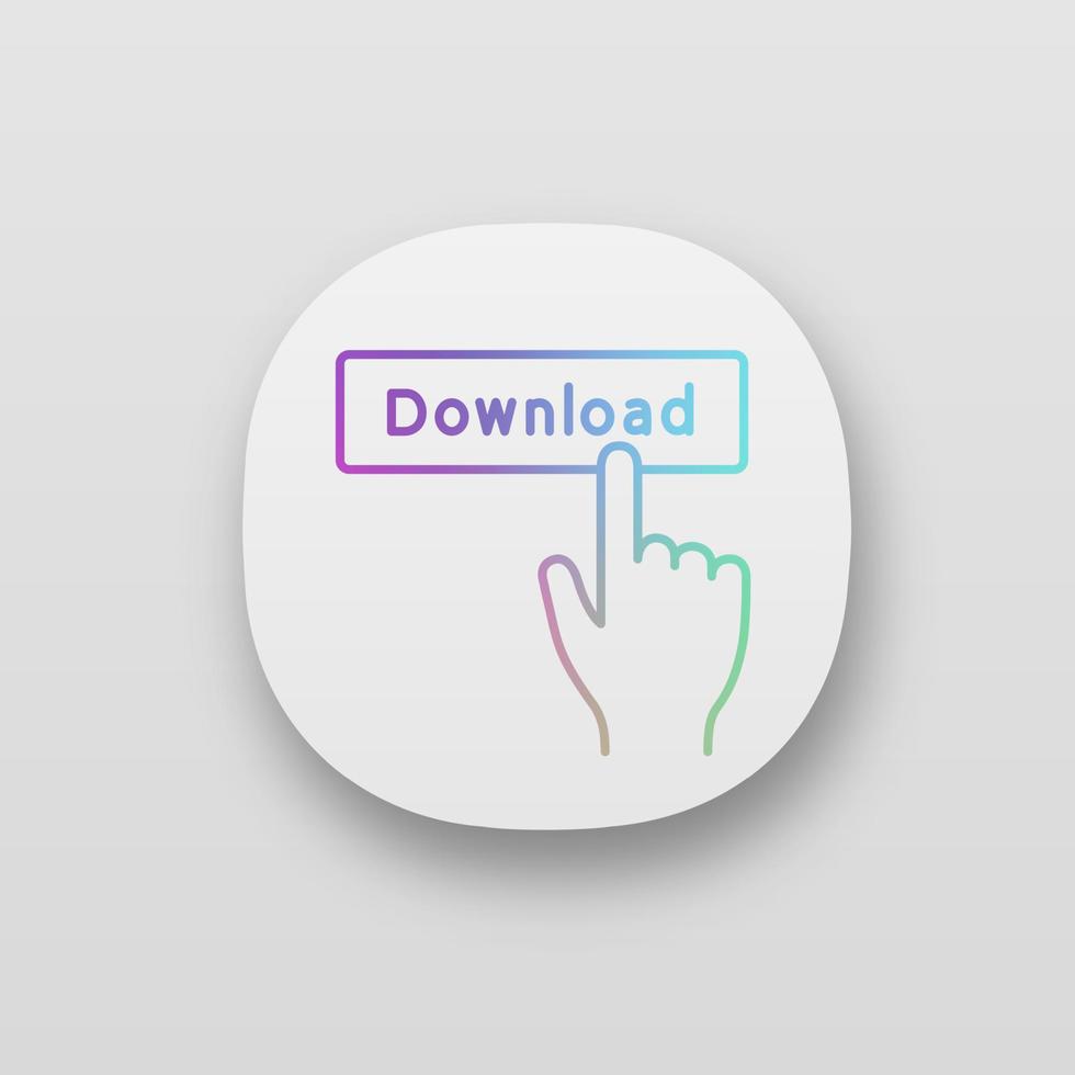 Download button click app icon. UI UX user interface. Data receiving. Hand pressing button. Download app. Web or mobile application. Vector isolated illustration