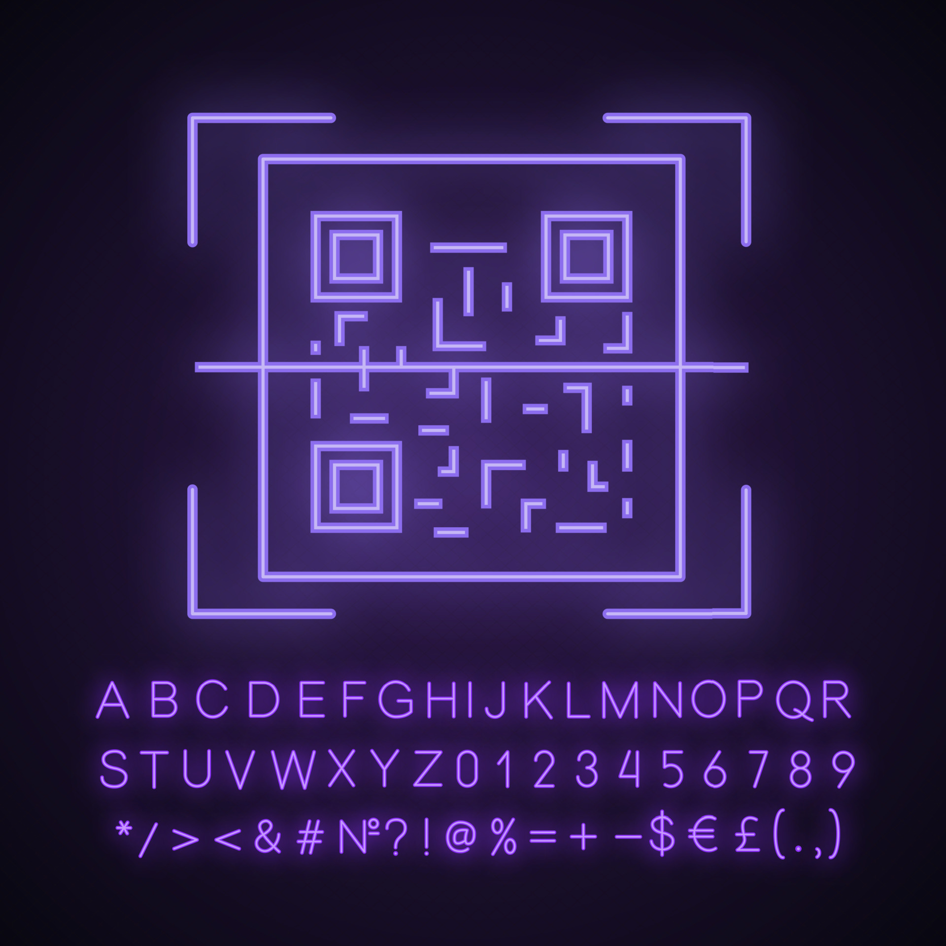 QR code scanner neon light icon. Quick response code. Matrix barcode