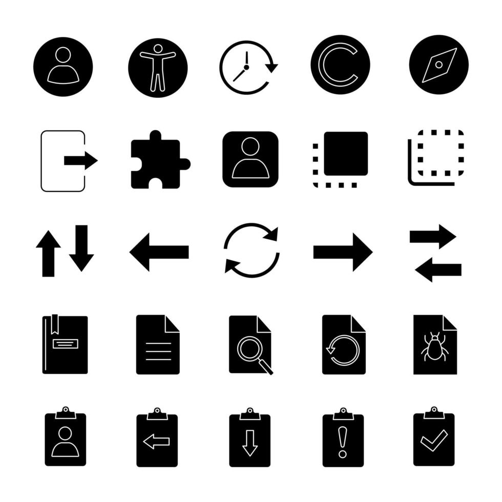 UI UX glyph icons set. System elements. Common actions symbols. Silhouette symbols. Vector isolated illustration